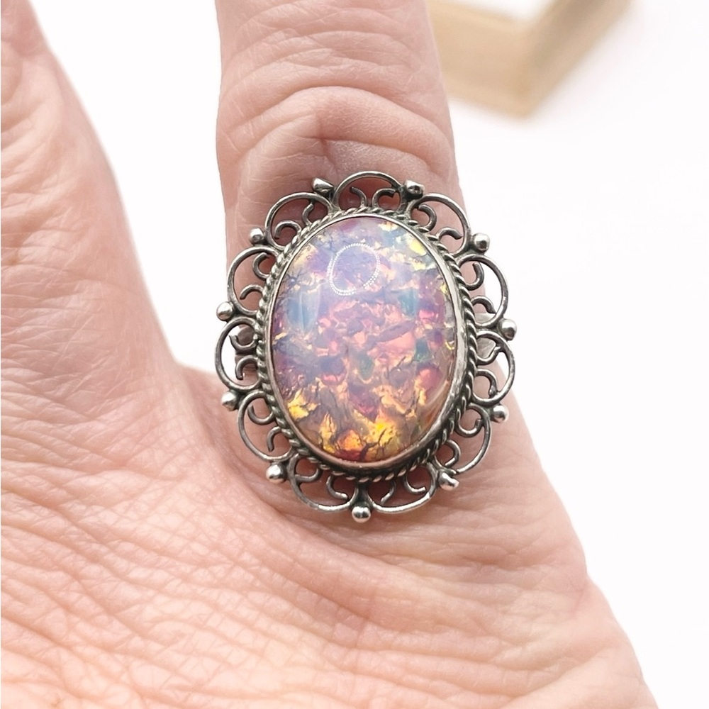 Oval Fire Opal-Effect Statement Ring In Silver-Tone View 6